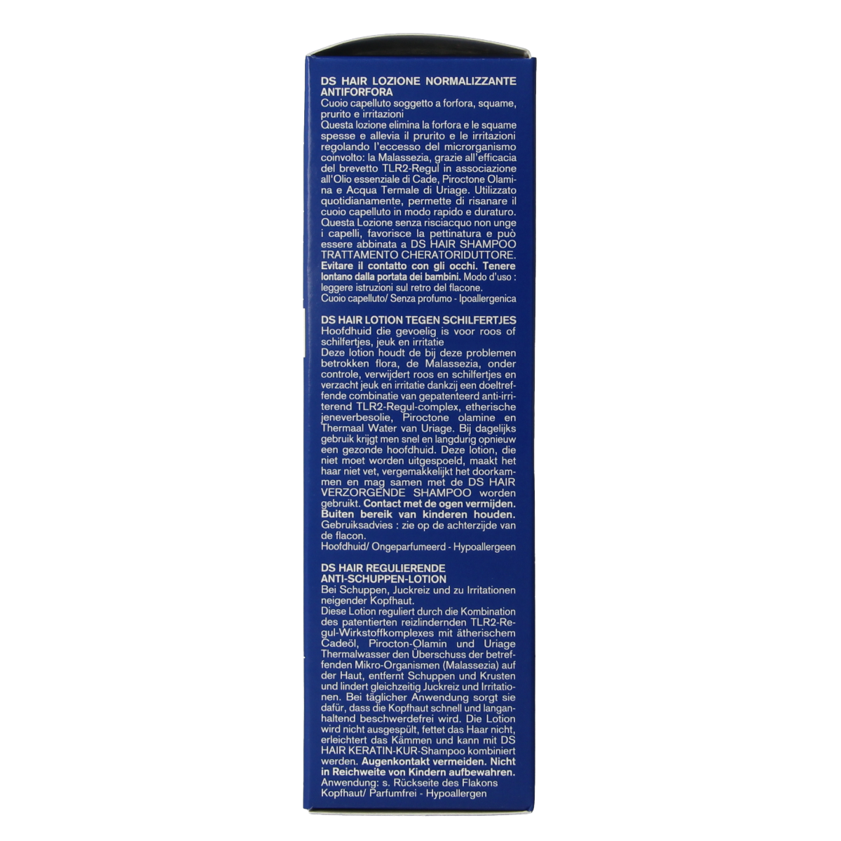Uriage DS hair lotion anti-roos spray bottle, 100ml, for scalp care, featuring a white and blue label with spray nozzle.