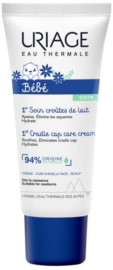 Uriage Bebe 1er Soin Croutes de Lait baby care cream in a 40ml tube, gentle skincare for cradle cap and skin soothing.