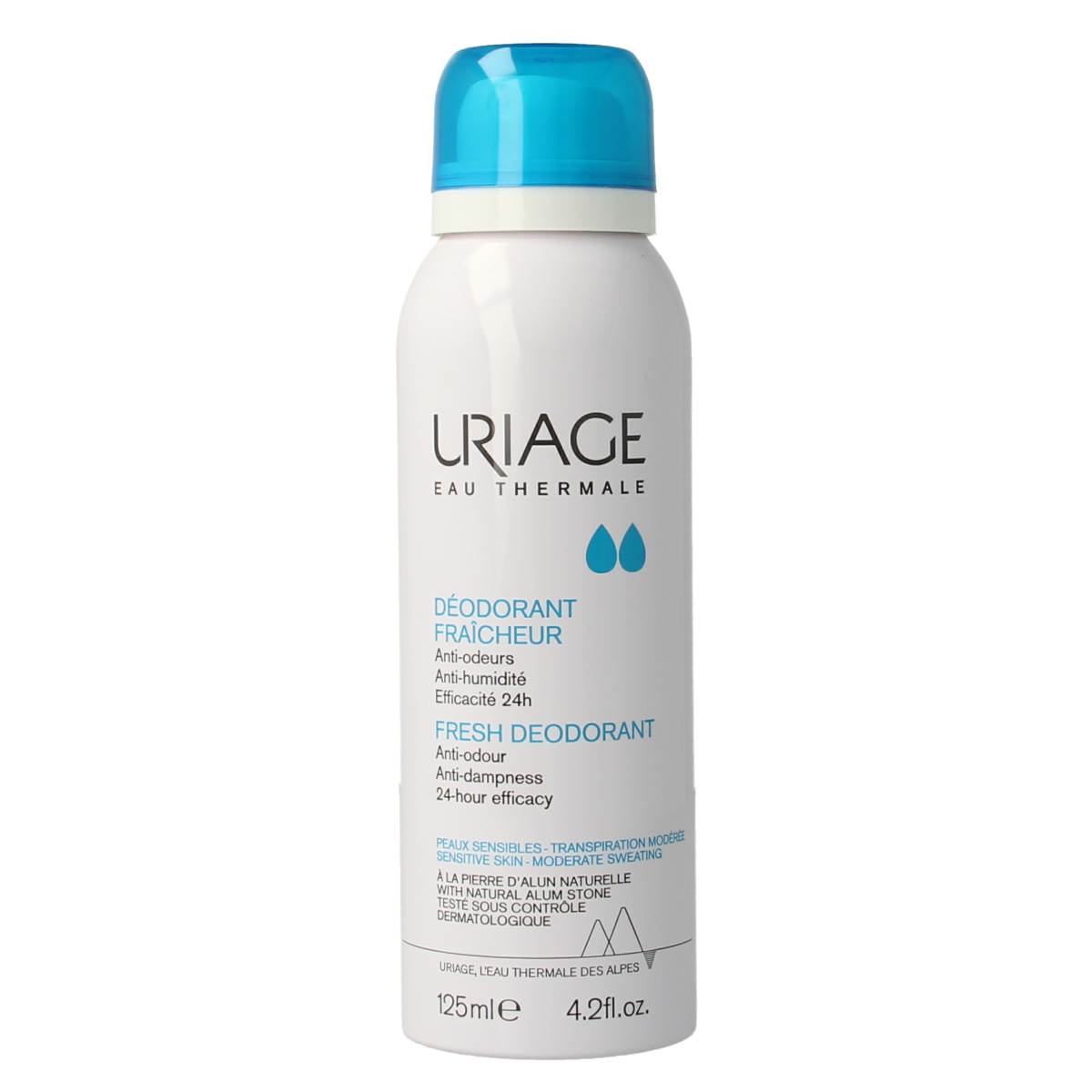 Uriage Thermale Water refreshing deodorant spray in 125ml bottle, soothing skincare product with natural mineral water.