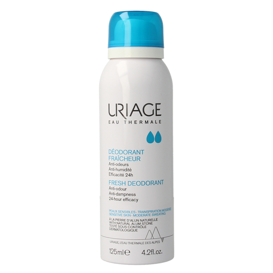 Uriage Thermal Water refreshing deodorant spray bottle with 125ml size, featuring a sleek design and spray nozzle.
