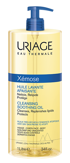 Uriage Xemose Huile Lavante facial cleansing oil bottle, 1 liter, gentle skincare product for sensitive skin.