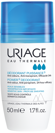Uriage Thermal Water Deodorant in 50ml spray bottle, featuring a sleek design and clear label, on a white background.