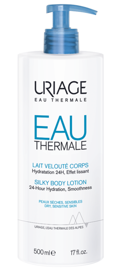 Uriage Thermale Water Hydrating Milk for body, 500ml, gentle moisturizing lotion in a white bottle with blue cap