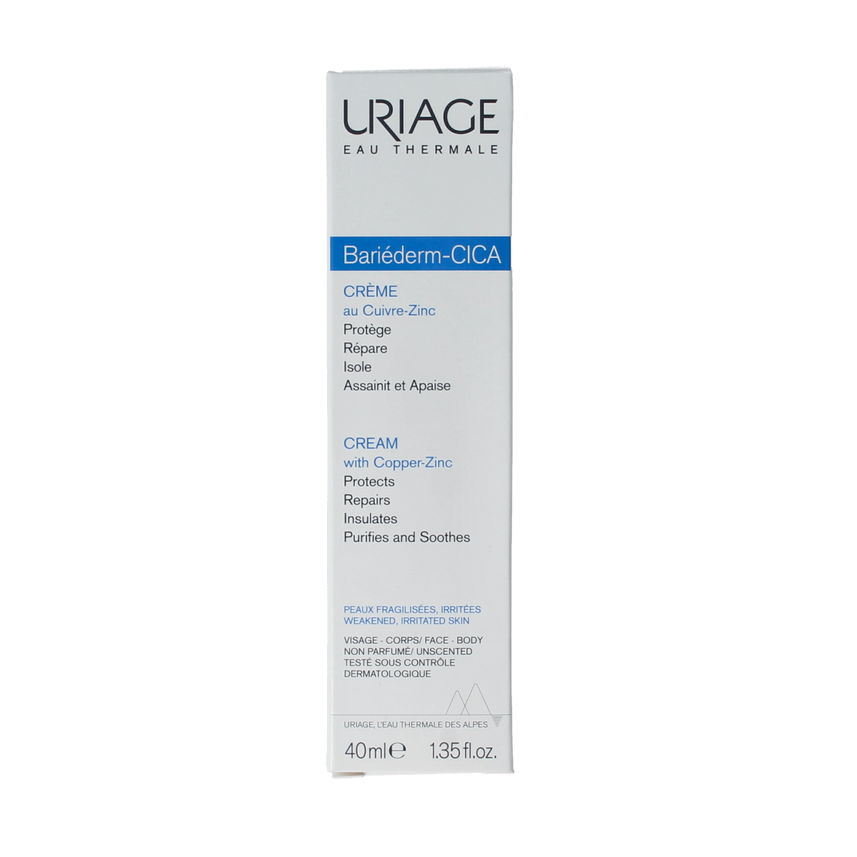 Uriage Bariederm CICA creme in 40ml tube, soothing body care for skin repair and hydration, showing the product packaging.