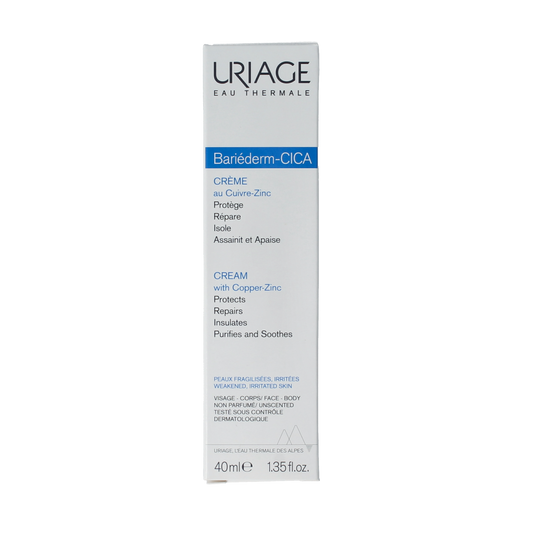 Uriage Bariederm CICA creme in 40ml tube, soothing body care for skin repair and hydration, showing the product packaging.