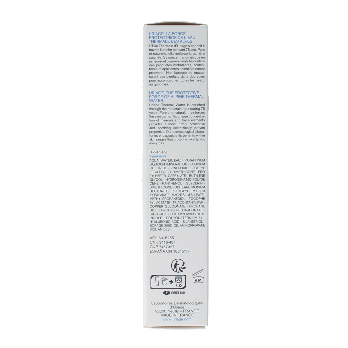 Uriage Bariederm CICA creme 40ml tube, soothing body care product with white and blue packaging for skin recovery.