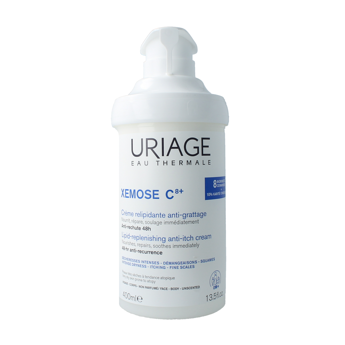 Uriage Xemose body cream 400ml, moisturizing and soothing body care product with a smooth cream texture.