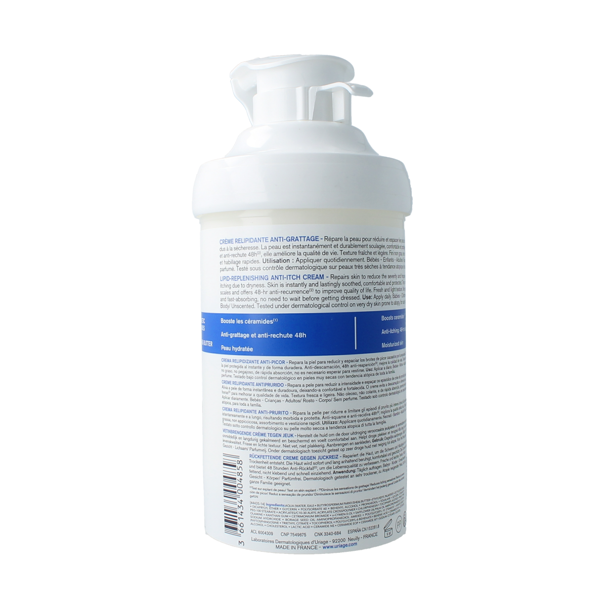 Uriage Xemose body cream 400ml bottle, moisturizing skincare product for dry and sensitive skin, with white and blue packaging