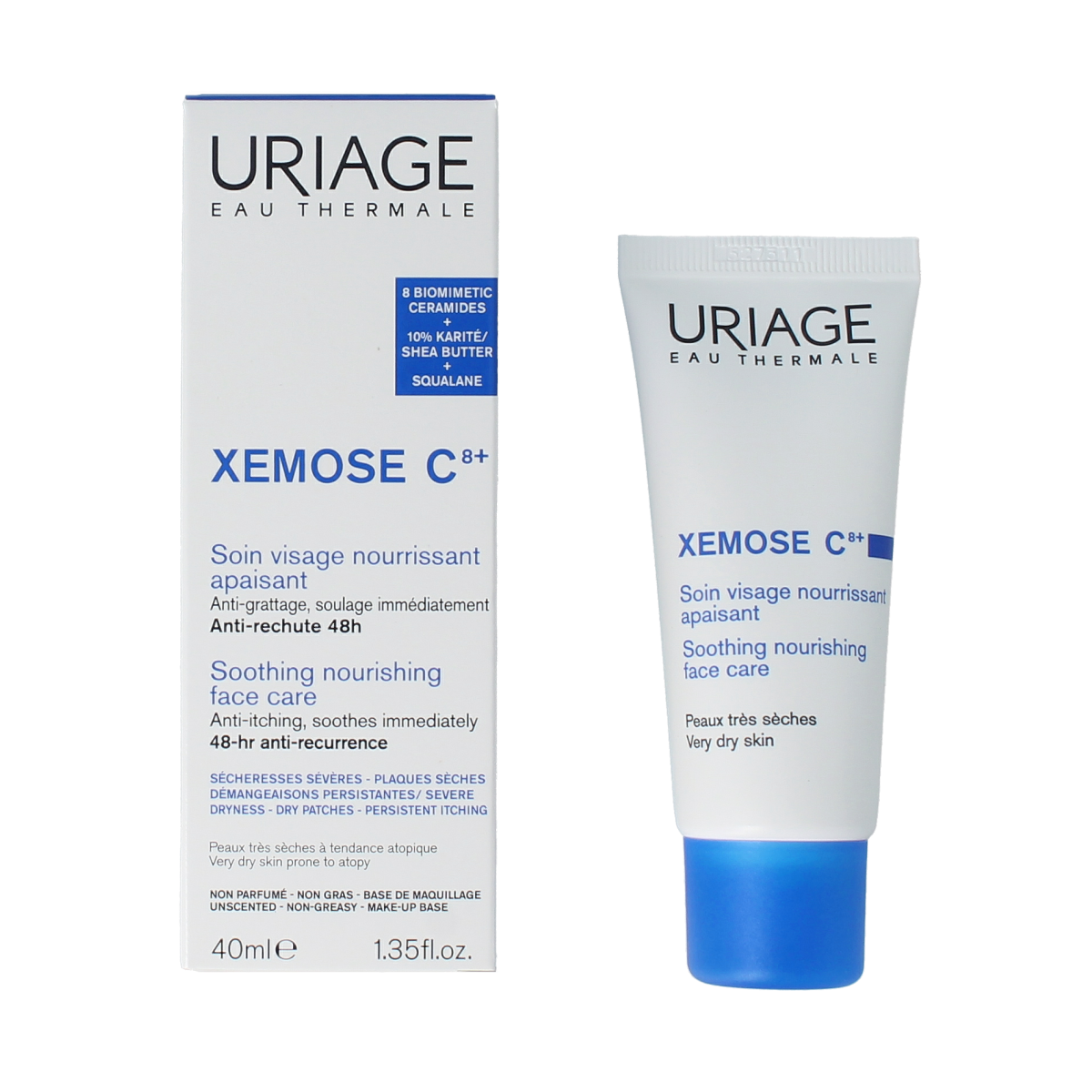 Uriage Xemose face cream 40ml jar, hydrating skincare product for sensitive skin, with a white and blue packaging design.