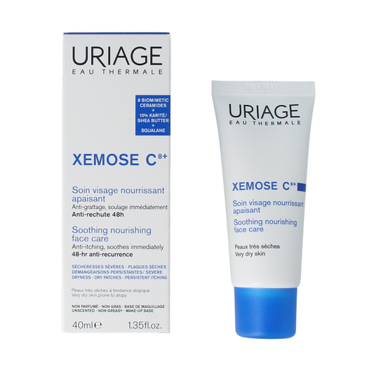 Uriage Xemose face cream 40ml jar, hydrating skincare product for sensitive skin, with a white and blue packaging design.