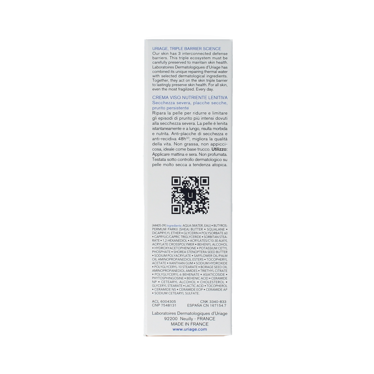 Uriage Xemose face cream in a 40ml tube, facial skincare product designed for sensitive skin, with a white and blue packaging.