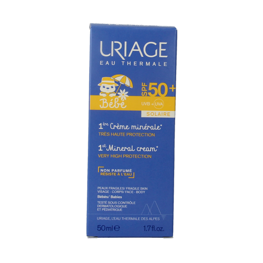 Uriage Bebe 1ere Creme Minerale SPF50 baby and toddler skincare cream in 50ml tube, gentle sun protection for delicate skin.