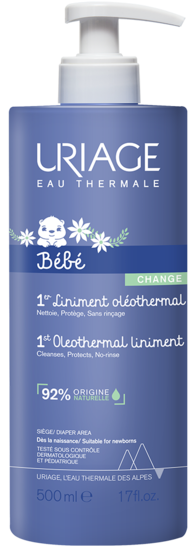 Uriage Bébé 1er Liniment Oleothermal in a 500ml bottle, gentle baby and toddler skincare product from Uriage.