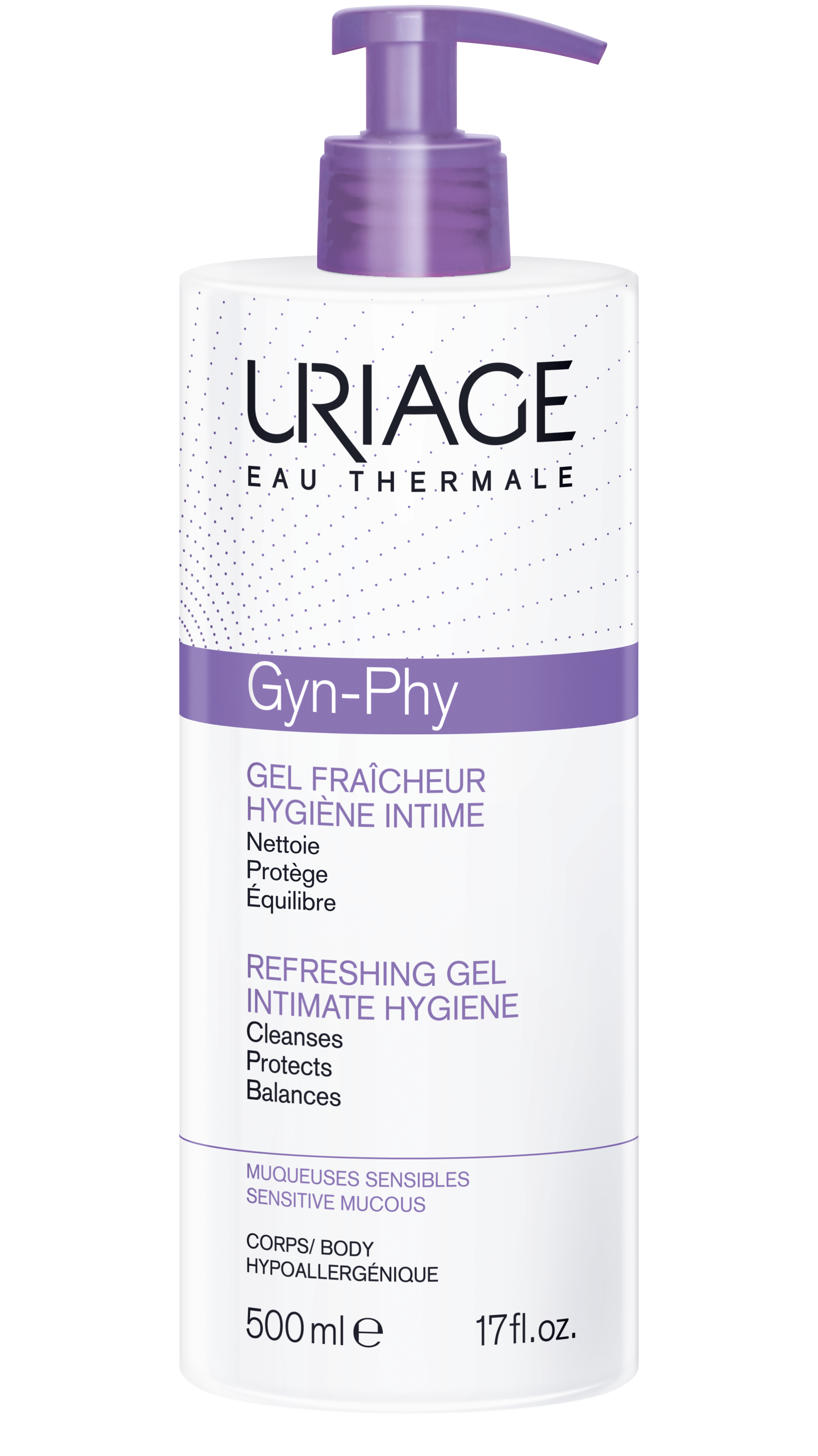Uriage Gyn-phy feminine hygiene product in a 500ml bottle, designed for women's intimate health and hygiene.