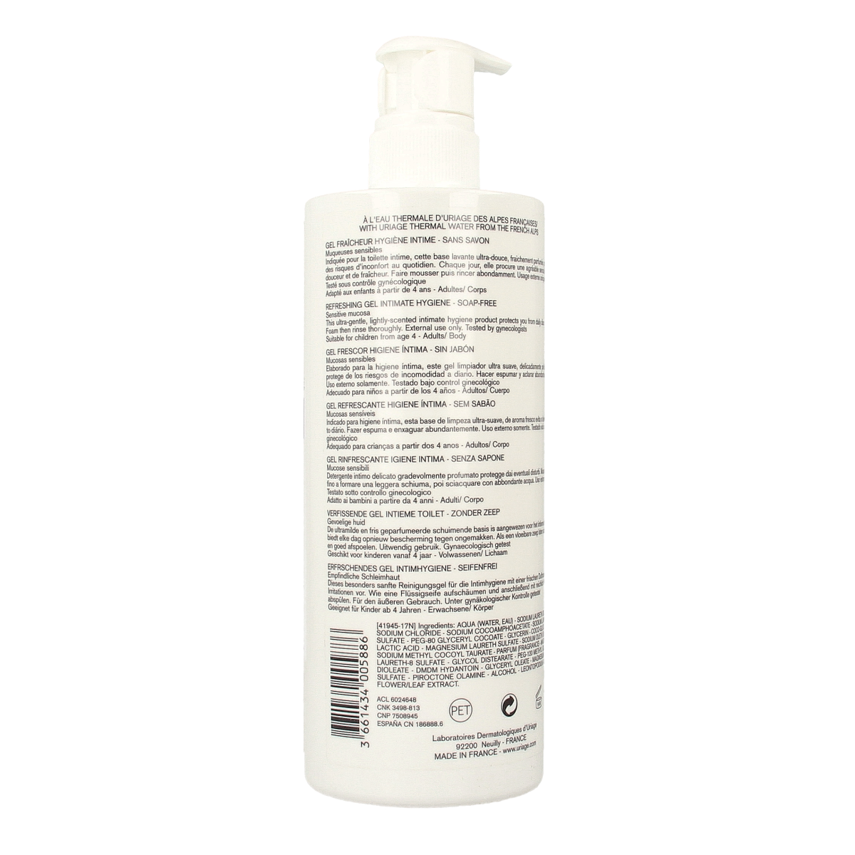 Uriage Gyn-phy feminine hygiene product in a 500ml bottle, designed for women's intimate care, with a white and blue label.