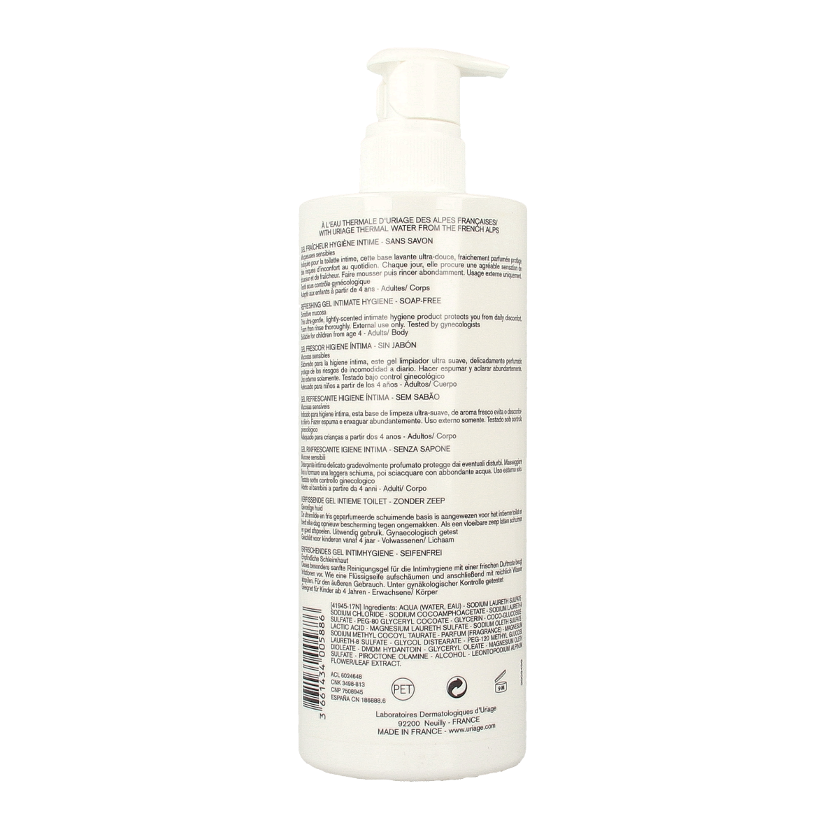 Uriage Gyn-Phy feminine hygiene wash bottle, 500ml, for women's intimate care, with white and blue packaging.