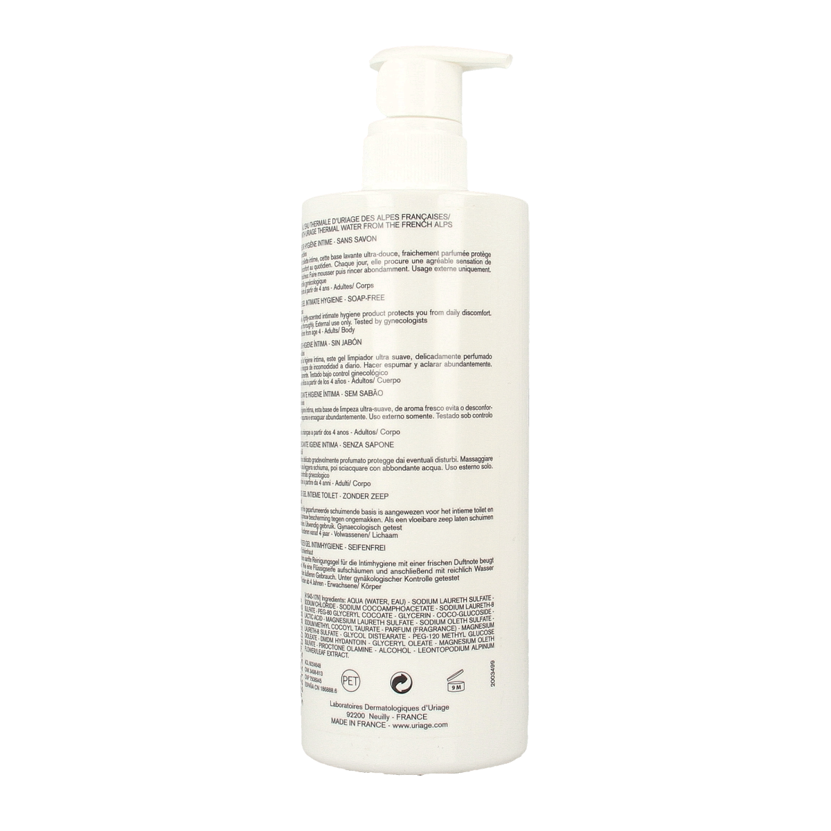 Uriage Gyn-phy feminine hygiene solution bottle, 500ml, with label and pump dispenser.