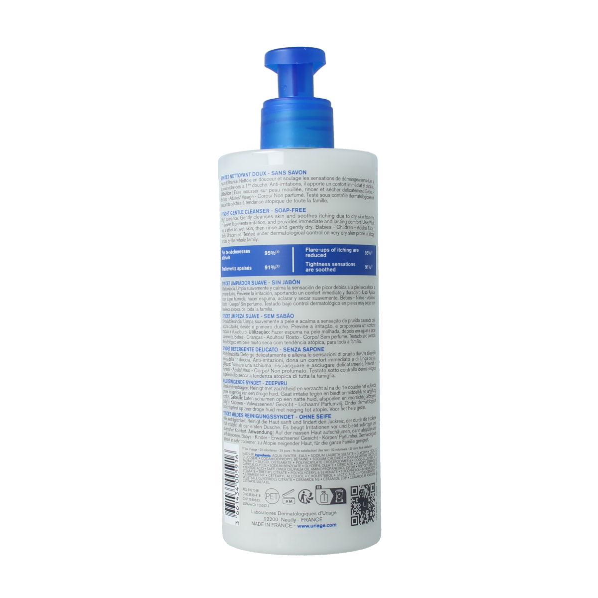 Uriage Xemose syndet nettoyant body wash in a 500ml bottle, gentle body cleansing product from Uriage for sensitive skin.