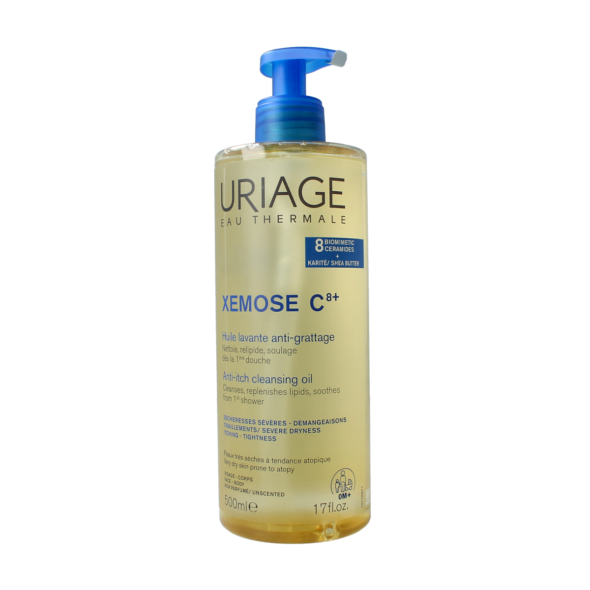 Uriage Xemose Huile Lavant Apa body cleansing oil in a 500ml bottle, designed for sensitive skin and gentle cleansing.