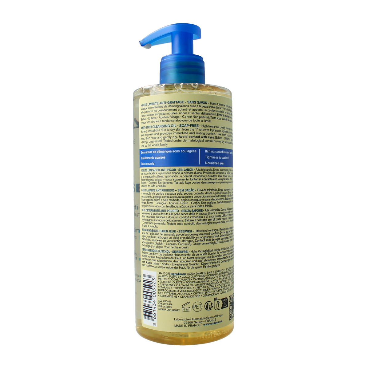Uriage Xemose huile lavant apa 500ml, gentle body cleansing oil with hydrating properties, suitable for sensitive skin.
