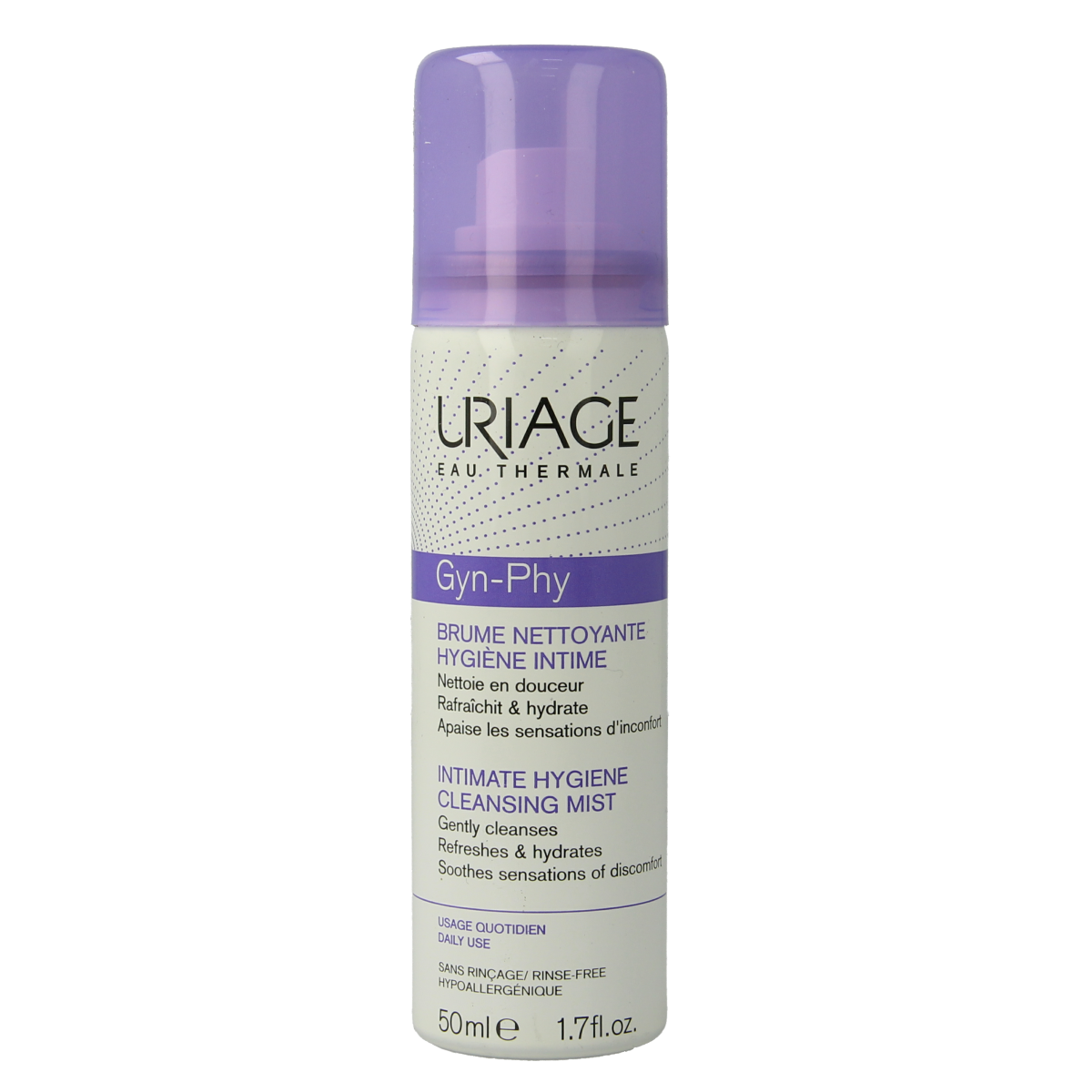 Uriage Gyn-phy feminine hygiene spray bottle, 50ml, in white packaging with blue accents, designed for feminine hygiene care
