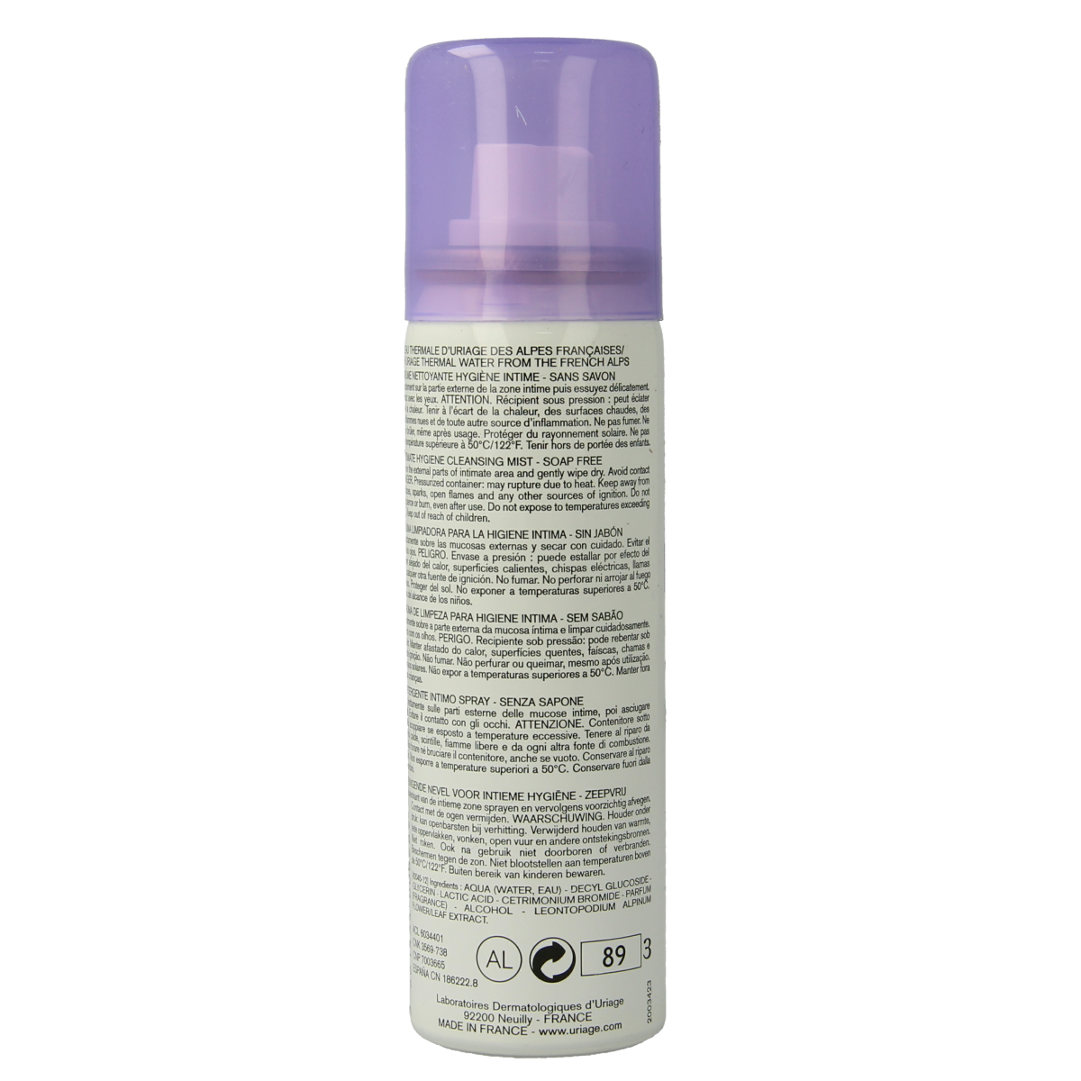 Uriage Gyn-phy Brume, 50ml, feminine hygiene spray in a white and blue bottle with pump, designed for feminine care.