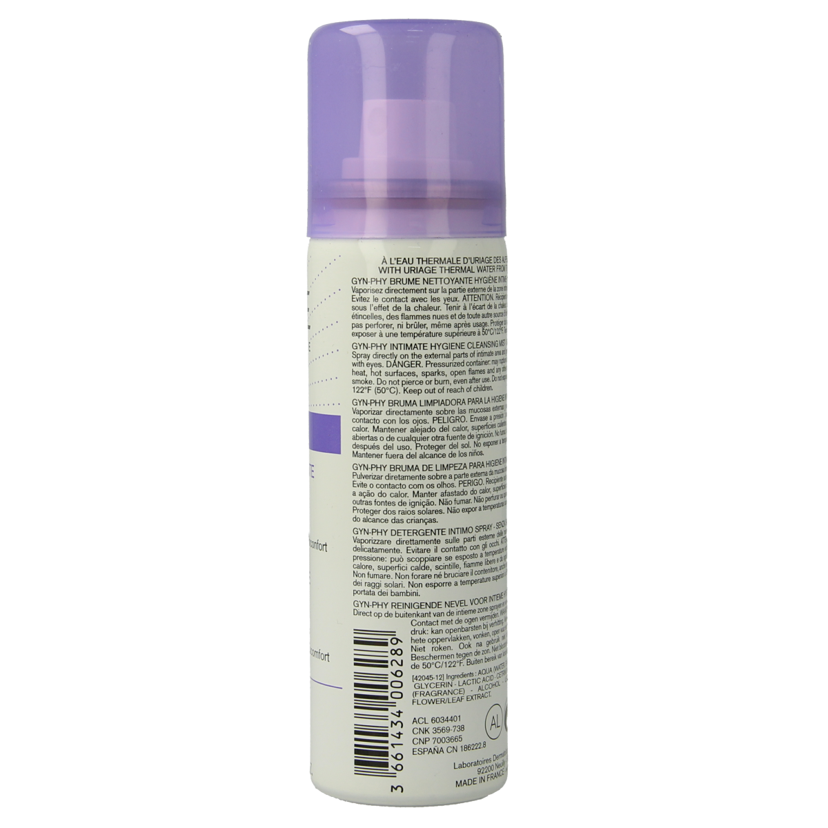 Uriage Gyn-phy brume 50ml feminine hygiene spray bottle with white and blue packaging and spray nozzle.
