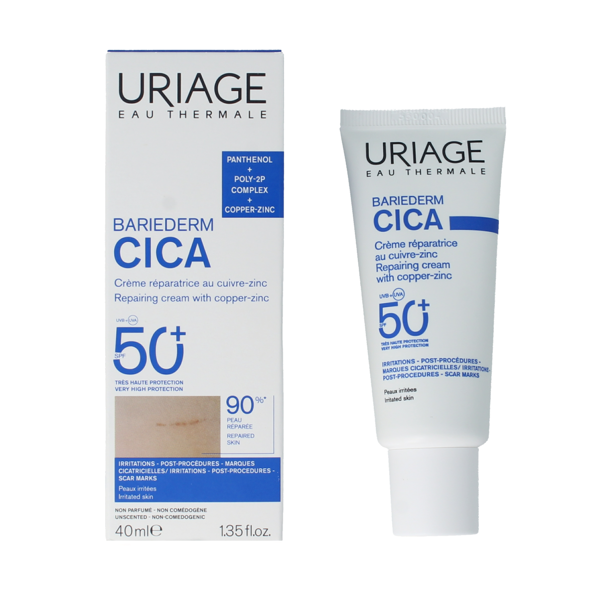 Uriage Bariederm Cica Creme SPF50 in 40ml tube, soothing body care with sun protection, designed for sensitive skin.