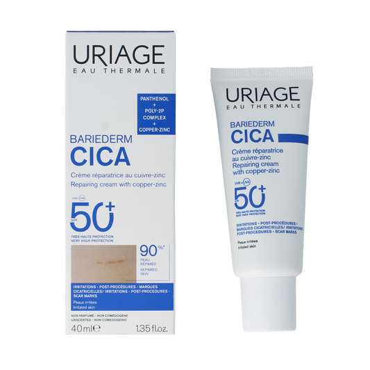 Uriage Bariederm Cica Creme SPF50 in 40ml tube, soothing body care with sun protection, designed for sensitive skin.