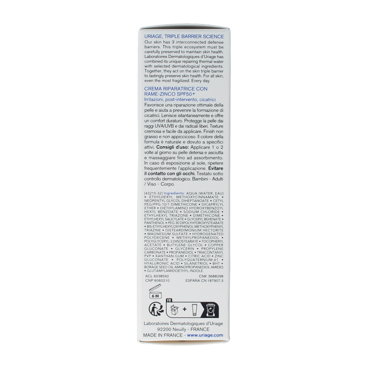 Uriage Bariederm Cica Creme SPF50 body care tube, 40ml, for skin protection and soothing skin irritation.