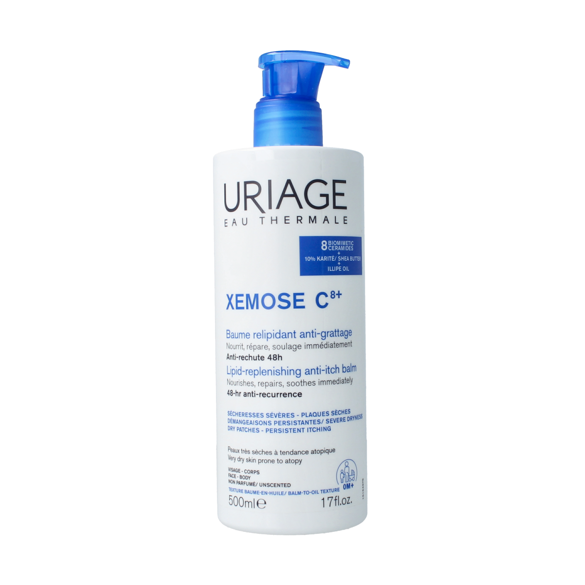 Uriage Xemose Baume Olea Apaisant anti-grattage body care cream in 500ml jar, soothing and moisturizing for sensitive skin