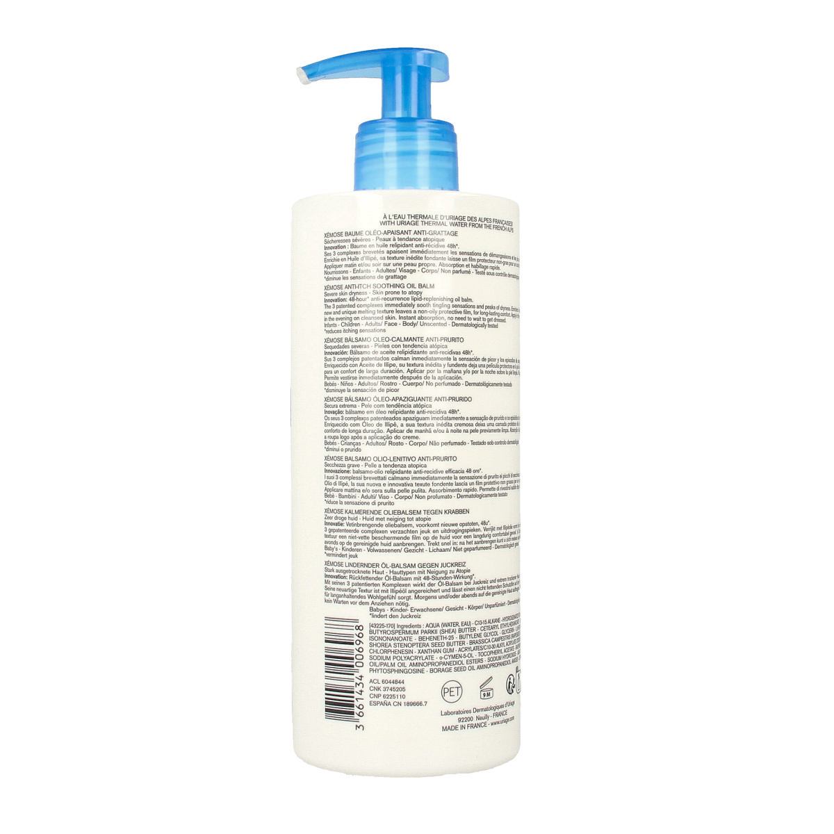 Uriage Xemose Baume Olea Apaisant anti-grattage body care, 500ml, soothing cream for irritated skin and itching relief.