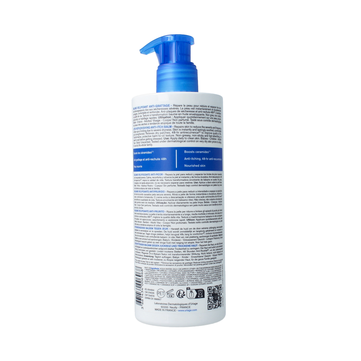 Uriage Xemose Baume Olea Apaisant anti-grattage body care cream in 500ml jar, soothing and moisturizing for sensitive skin.