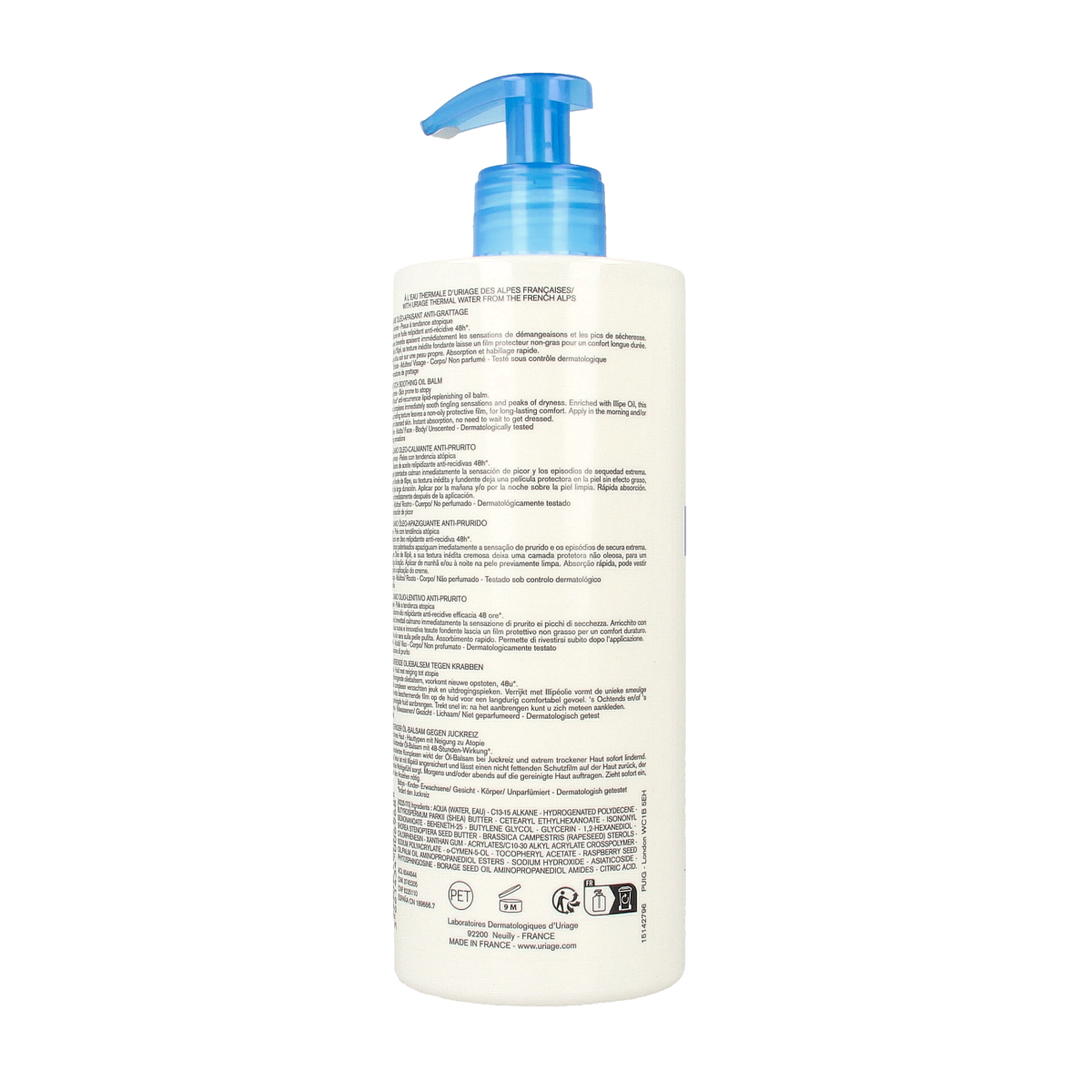 Uriage Xemose Baume Olea Apaisant anti-grattage body care cream in 500ml jar, soothing and moisturizing skincare product.