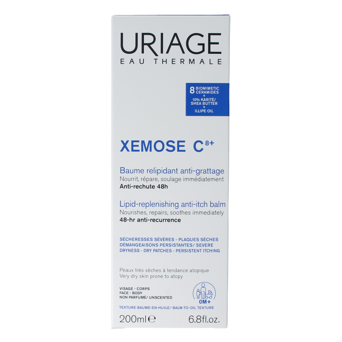 Uriage Xemose Baume Olea Apaisant body care cream in 200ml jar, soothing and nourishing skincare for sensitive skin.