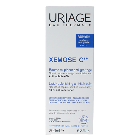 Uriage Xemose Baume Olea Apaisant body care cream in 200ml jar, soothing and nourishing skincare for sensitive skin.