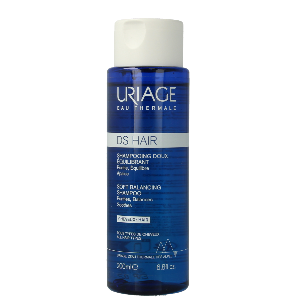 Uriage DS Milde evenwichtsherstellende shampoo for hair care, 200ml, with gentle cleansing and balancing properties.