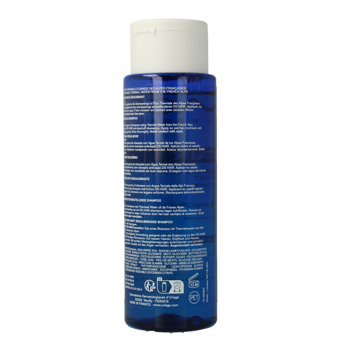 Uriage DS Milde shampoo for scalp care and hair health, 200ml, in a clear bottle with white and blue packaging.