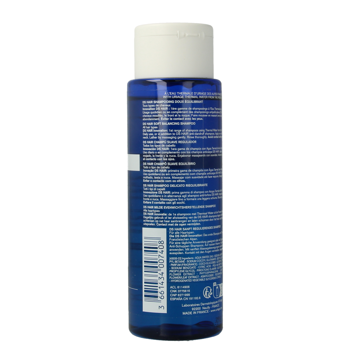 Uriage DS Milde shampoo for scalp balance, 200ml, haircare product with gentle cleansing and soothing properties.