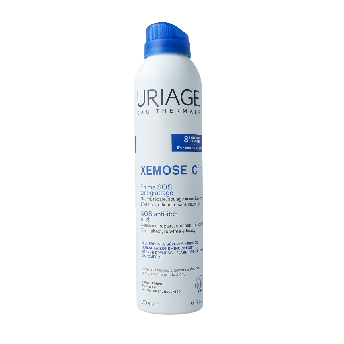 Uriage Xemose SOS soothing anti-scratching body lotion in a 200ml bottle, designed for sensitive skin and irritation relief.