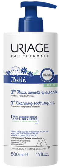 Uriage Bébé 1ère Huile Lavante Apaisante, 500ml, gentle baby and toddler cleansing oil with calming properties.
