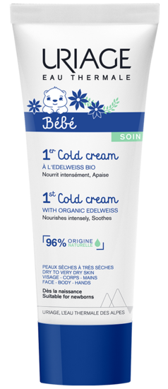 Uriage Bebe 1er Cold Cream in a 75ml tube, gentle baby and toddler skincare product with soothing, protective properties.
