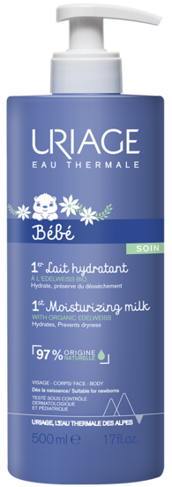 Uriage Bebe 1er lait hydratant baby lotion in 500ml bottle, suitable for gentle infant and toddler skin care.