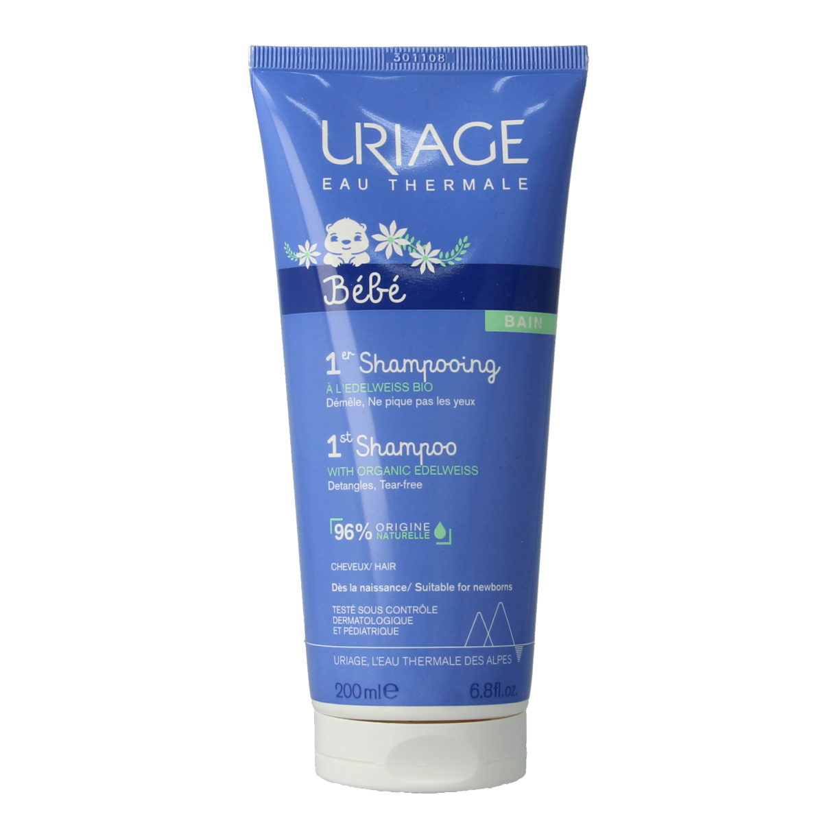 Uriage Bebe 1er shampooing bottle, 200ml, gentle baby and toddler cleansing shampoo with soft formula in a white and blue bottle.