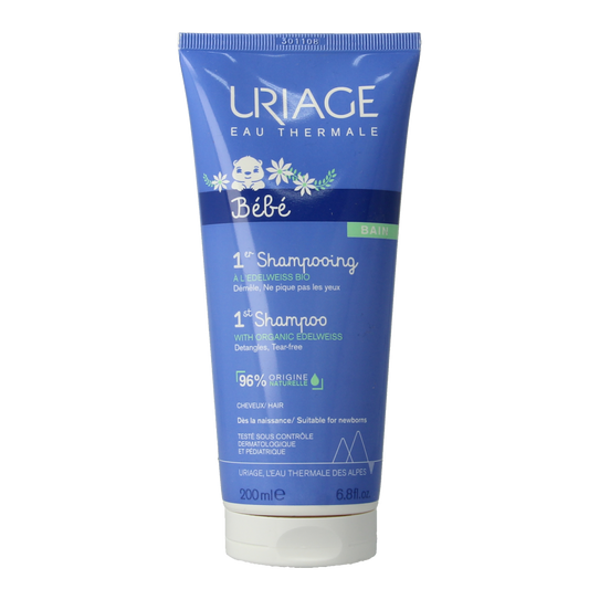 Uriage Bebe 1er shampooing bottle, 200ml, gentle baby and toddler cleansing shampoo with soft formula in a white and blue bottle.