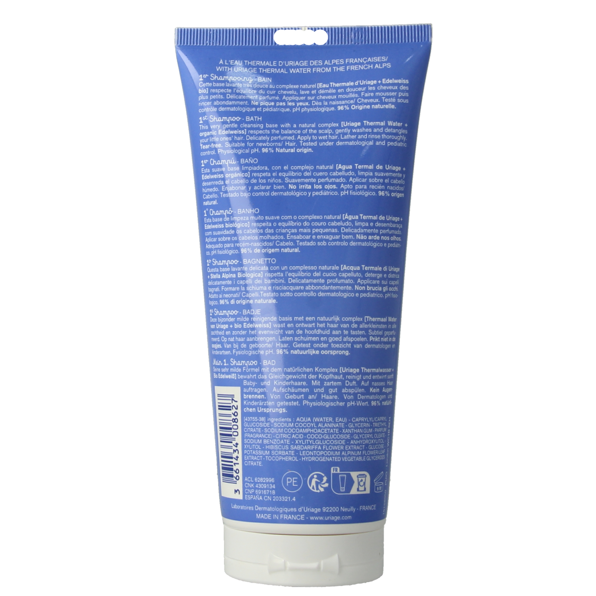 Uriage Bebe 1er shampooing baby and toddler skincare product in a 200ml bottle, designed for gentle hair and scalp cleansing.