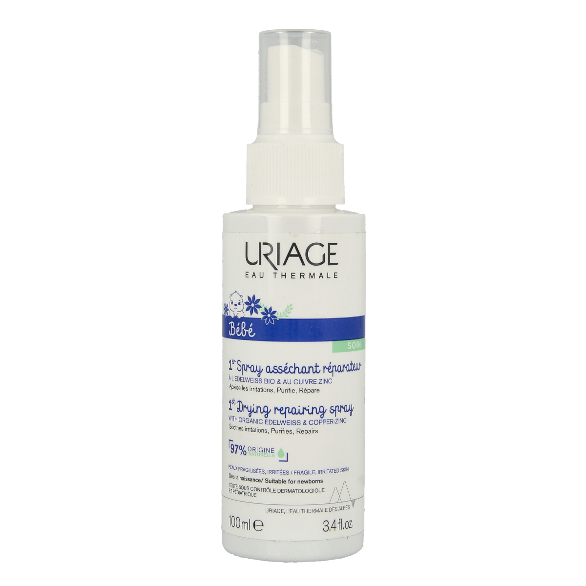 Uriage Bebe 1er spray cu-zn+ baby and toddler skincare product in 100ml spray bottle, gentle and soothing for delicate skin.