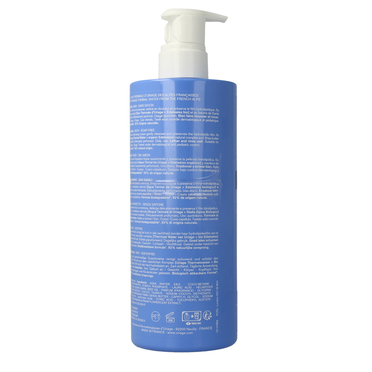 Uriage Bébé 1ère crème lavante, gentle baby and toddler cleansing cream in a 500ml bottle, suitable for delicate skin.