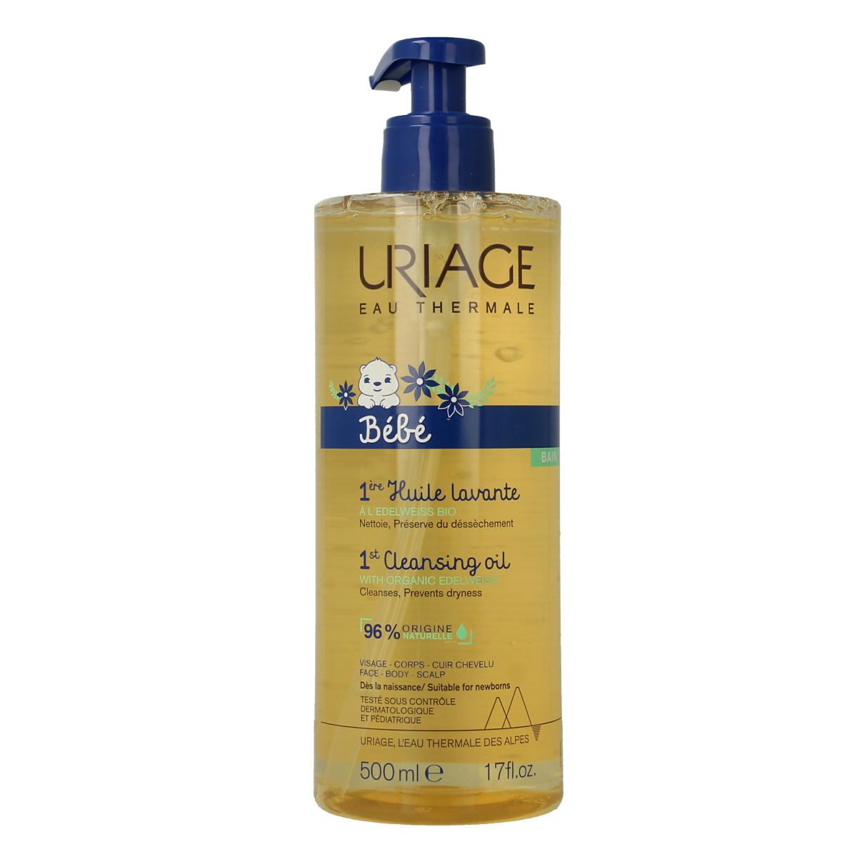 Uriage Bébé 1ère Huile Lavante FP, gentle baby and toddler cleansing oil in a 500ml bottle, suitable for delicate skin.