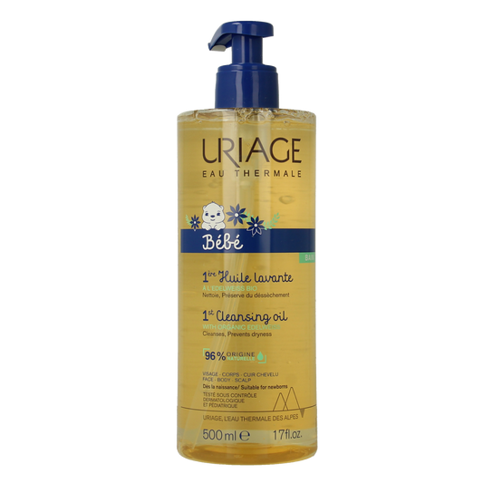 Uriage Bébé 1ère Huile Lavante FP, gentle baby and toddler cleansing oil in a 500ml bottle, suitable for delicate skin.